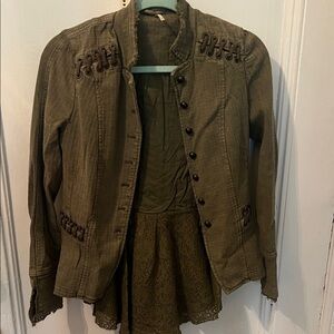 Vintage Free People Olive Green Military Utility Jacket with Lace Accents